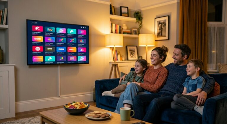 A person relaxing while watching affordable IPTV on a 4K TV in a UK living room