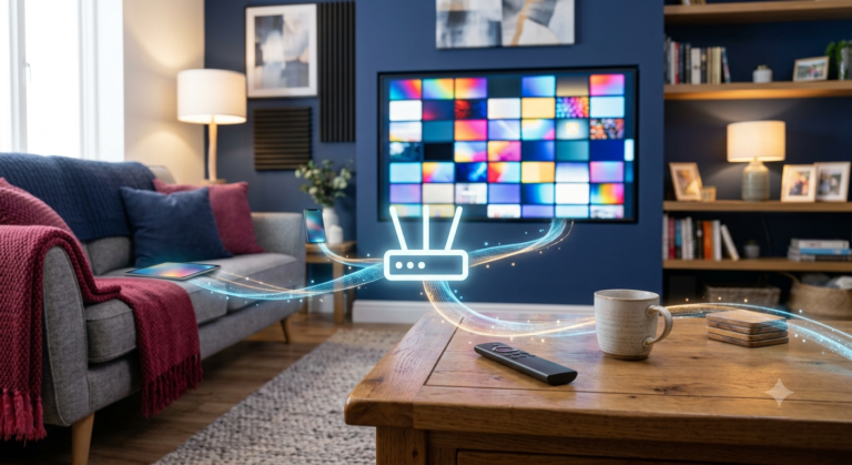 A simple diagram showing streaming content delivered from the internet to a TV, laptop and phone