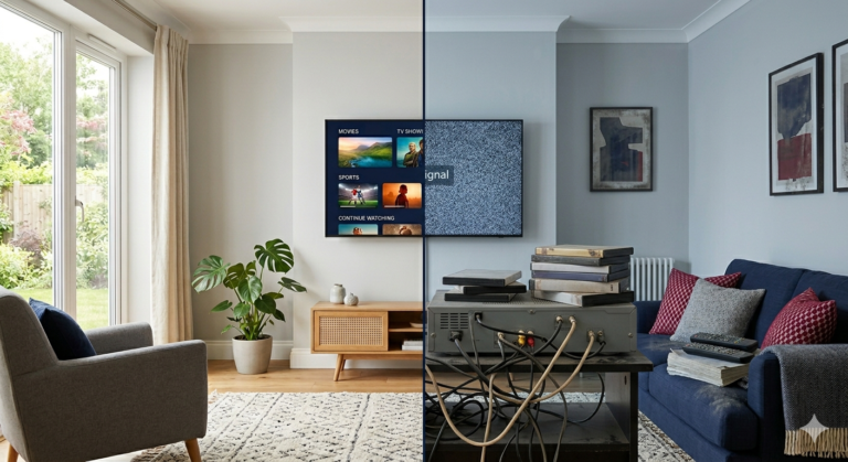 A person choosing IPTV over cable TV while relaxing with a remote in a UK living room