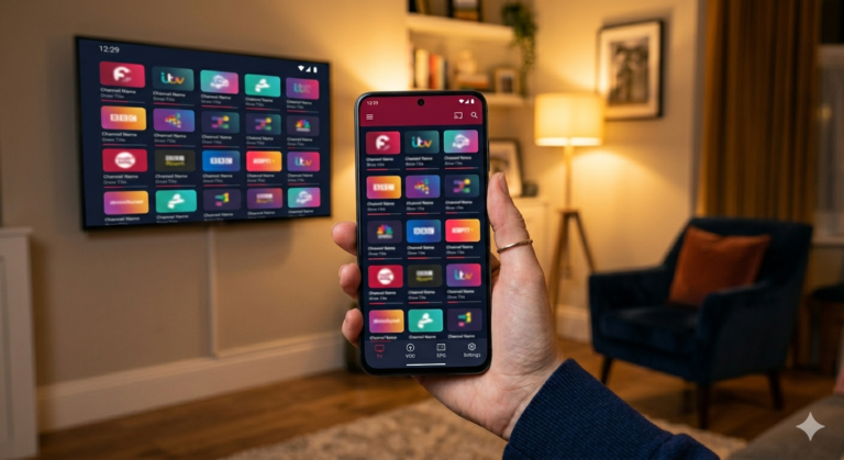 A hand holding an Android phone showing an IPTV app channel grid in a UK living room