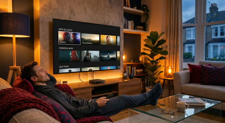 A 4K TV showing an IPTV TiviMate style programme guide with a remote in a UK living room