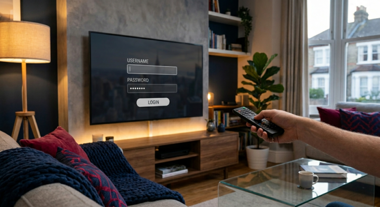 A 4K TV showing an IPTV Smarters style channel grid with a remote in a UK living room