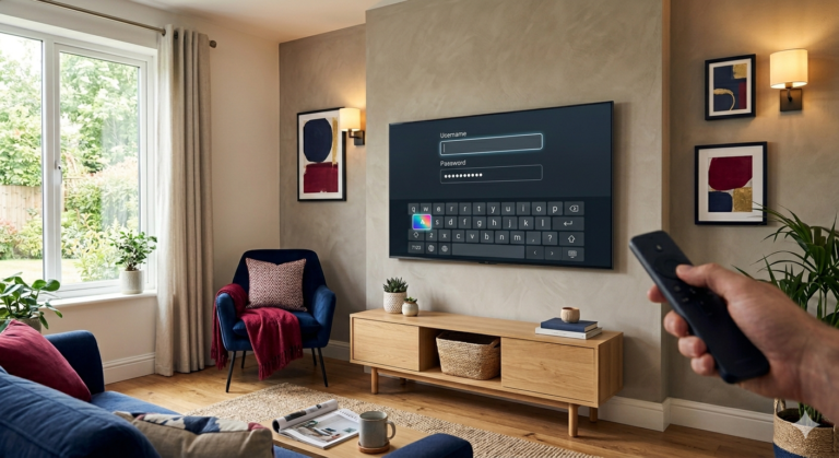 A person enjoying live channels on a 4K Smart TV using IPTV in a UK living room