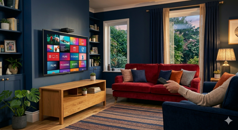 A 4K TV showing a channel grid with a small IPTV box on the stand in a UK living room