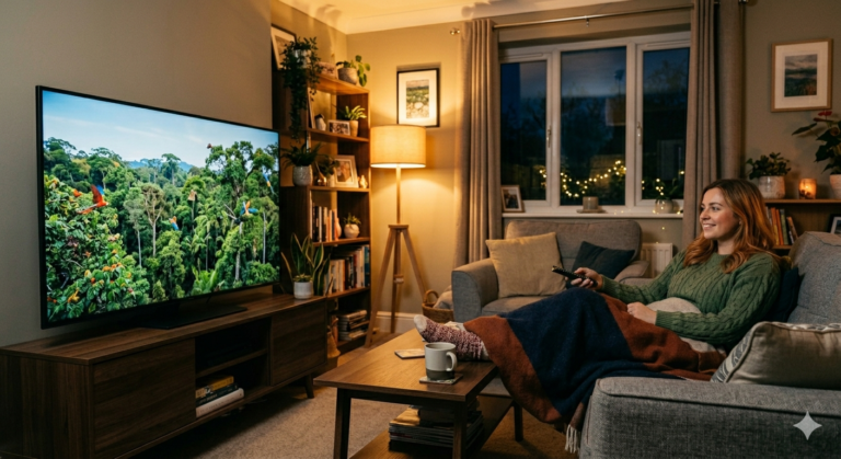 A frustrated viewer pointing a remote at a TV showing a buffering loading wheel during IPTV