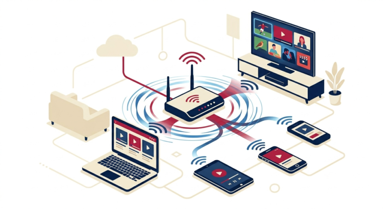 Diagram showing how IPTV works: a wifi router streaming live TV over the internet to a smart TV, laptop, tablet and smartphone