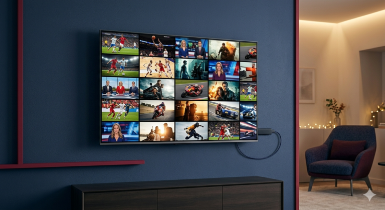 A 4K TV showing an IPTV channel grid with a streaming stick connected via Firestick