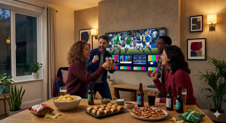 Live football on a 4K TV in a UK living room streamed with IPTV for the Premier League