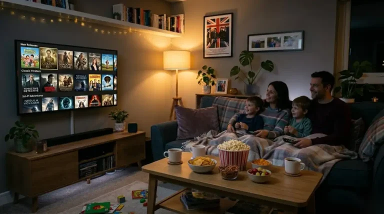 A smartphone showing a secure padlock and checkmark next to a TV remote, representing safe IPTV streaming