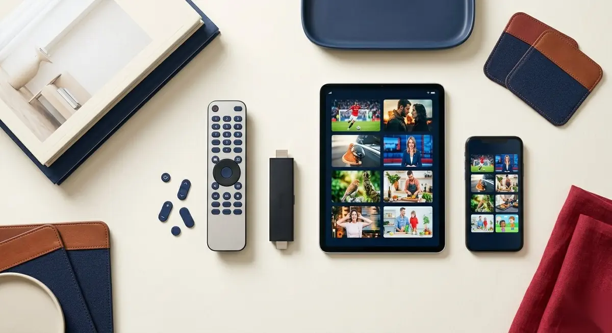 IPTV streaming shown on a tablet, smartphone and streaming stick on a table