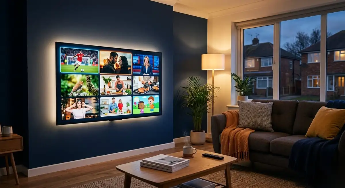 A wall-mounted 4K smart TV showing an IPTV channel grid in a UK living room