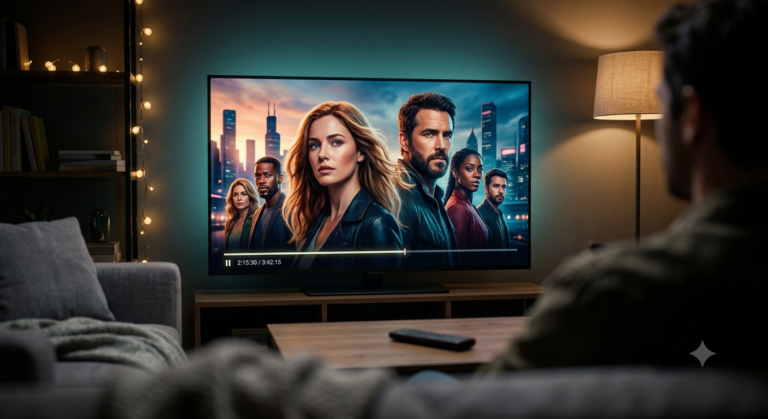 An isometric illustration of a TV connected by a glowing line to a storage drive with a record symbol