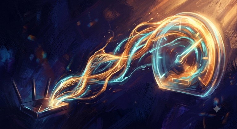 An abstract painting of glowing data streams flowing from a router into a transparent gauge