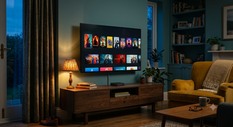 A large television showing a dark media centre home screen with rows of colourful thumbnails in a cosy living room at dusk