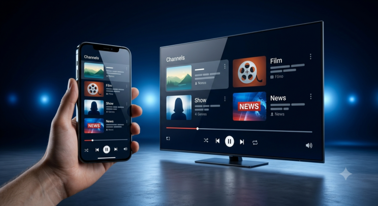 3D render of a smartphone and smart TV displaying a colorful IPTV media player interface.
