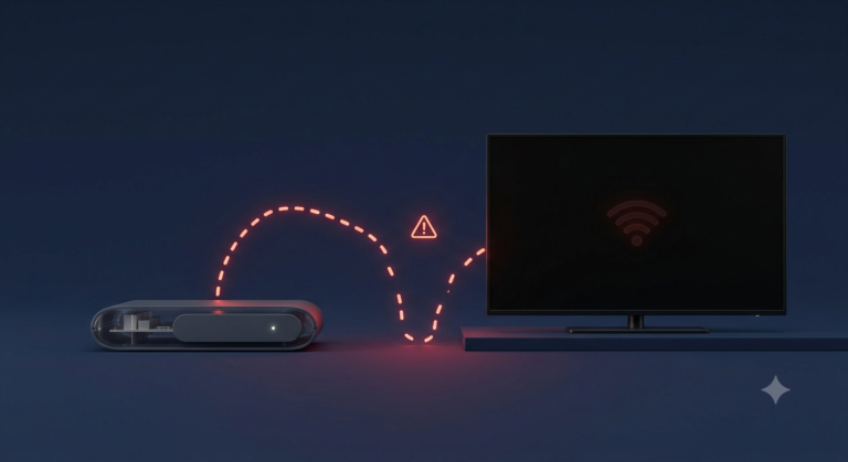 A hand pointing a remote at a TV showing a loading spinner on a black screen in a dim living room