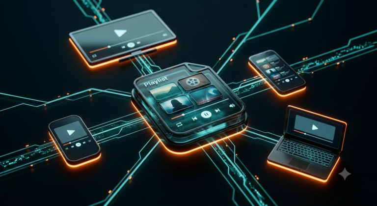Isometric illustration of an IPTV playlist connecting to a smart TV with colorful channel tiles.