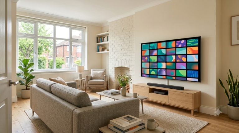 A person on a sofa browsing a colourful grid of IPTV channels on a large 4K TV in a dim UK living room
