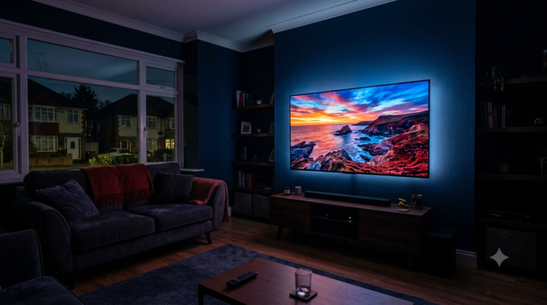 A sleek black IPTV streaming service box glowing with blue light on a dark table in a modern UK living room