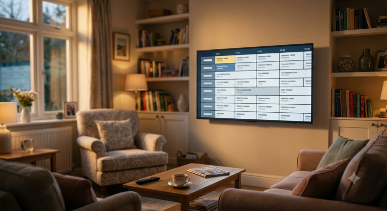 A 3D illustration of a colourful programme guide grid floating above a TV screen representing an IPTV EPG