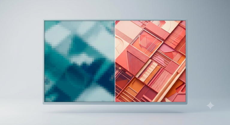 A 3D render of a single screen split down the middle, one half soft and blocky, the other sharp and vivid