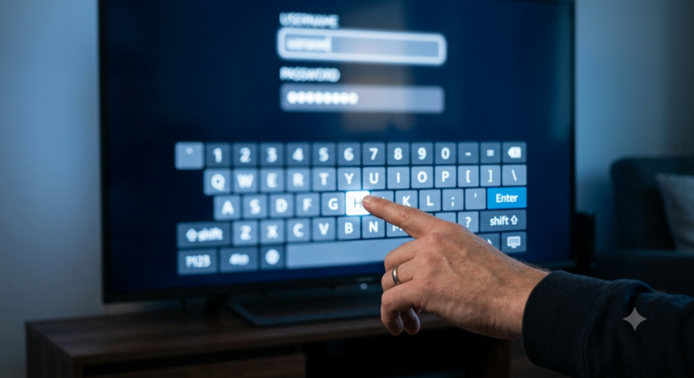 A TV screen showing a glowing padlock icon above a username and password login form for IPTV