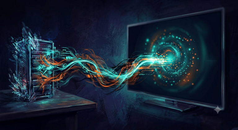 A clean 3D isometric illustration of a server box connected by glowing lines to a TV and a phone for an IPTV URL