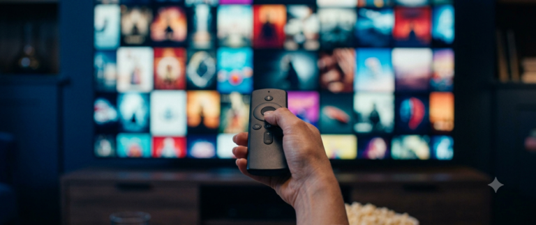 A large 4K TV showing a colourful grid of on-demand film thumbnails in a dark cosy UK living room with popcorn on the table