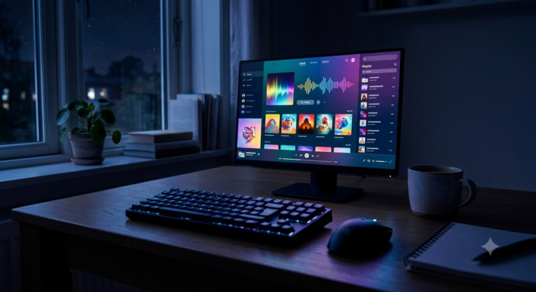 A laptop on a wooden desk by a window showing a colourful streaming interface, beside a coffee cup and notebook