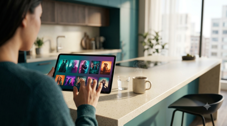 An overhead flat-lay of a smartphone showing a colourful IPTV app interface beside a streaming box, remote and coffee on a wooden desk