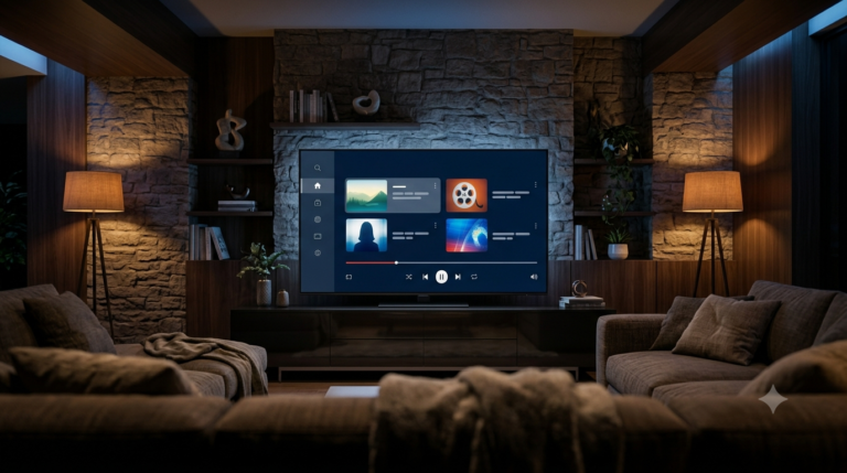 Large smart TV displaying a generic IPTV player interface in a cozy modern living room.
