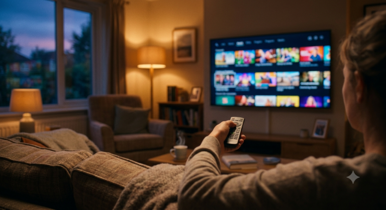 : A tablet on a wooden table showing colourful catch up TV programme tiles beside a remote and a cup of tea