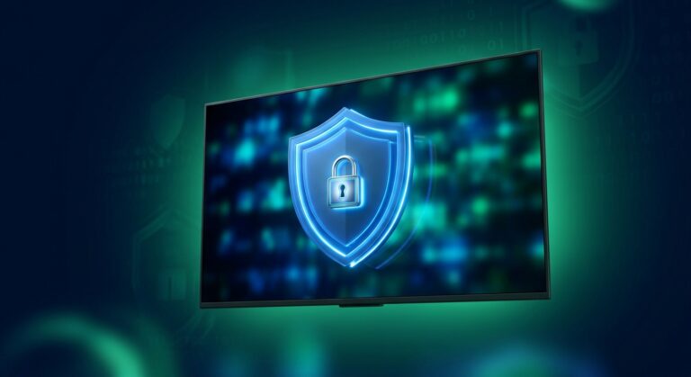 IPTV security shield with padlock in front of TV screen