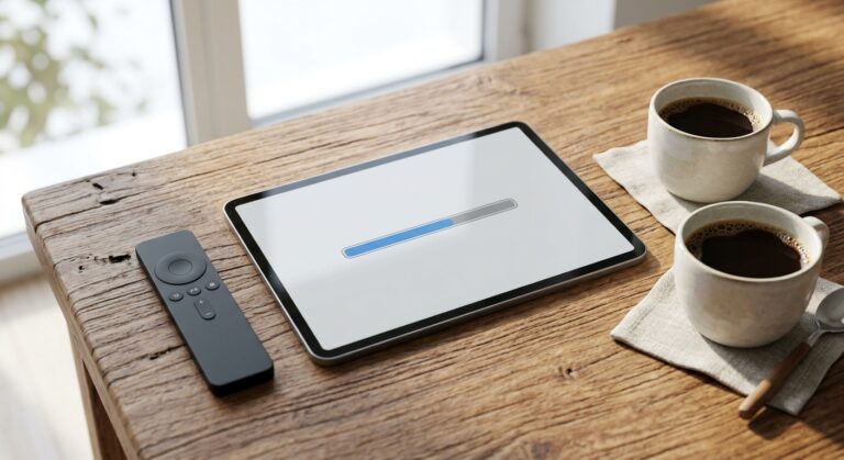 An isometric illustration of a circular refresh arrow orbiting an app tile above a television in a living room