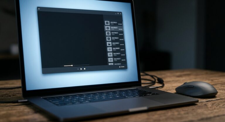 An isometric illustration of a laptop showing colourful media tiles with a playlist file flowing into the screen