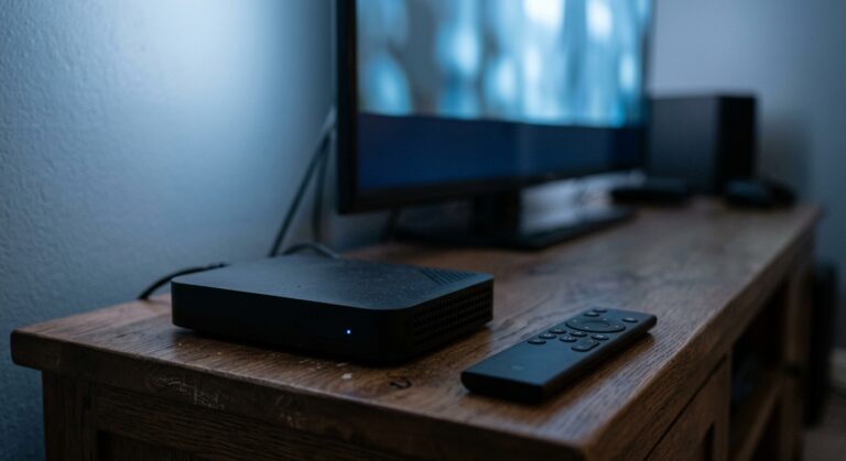 An isometric illustration of a small black set-top box on a wooden TV stand connected to a television and a network socket